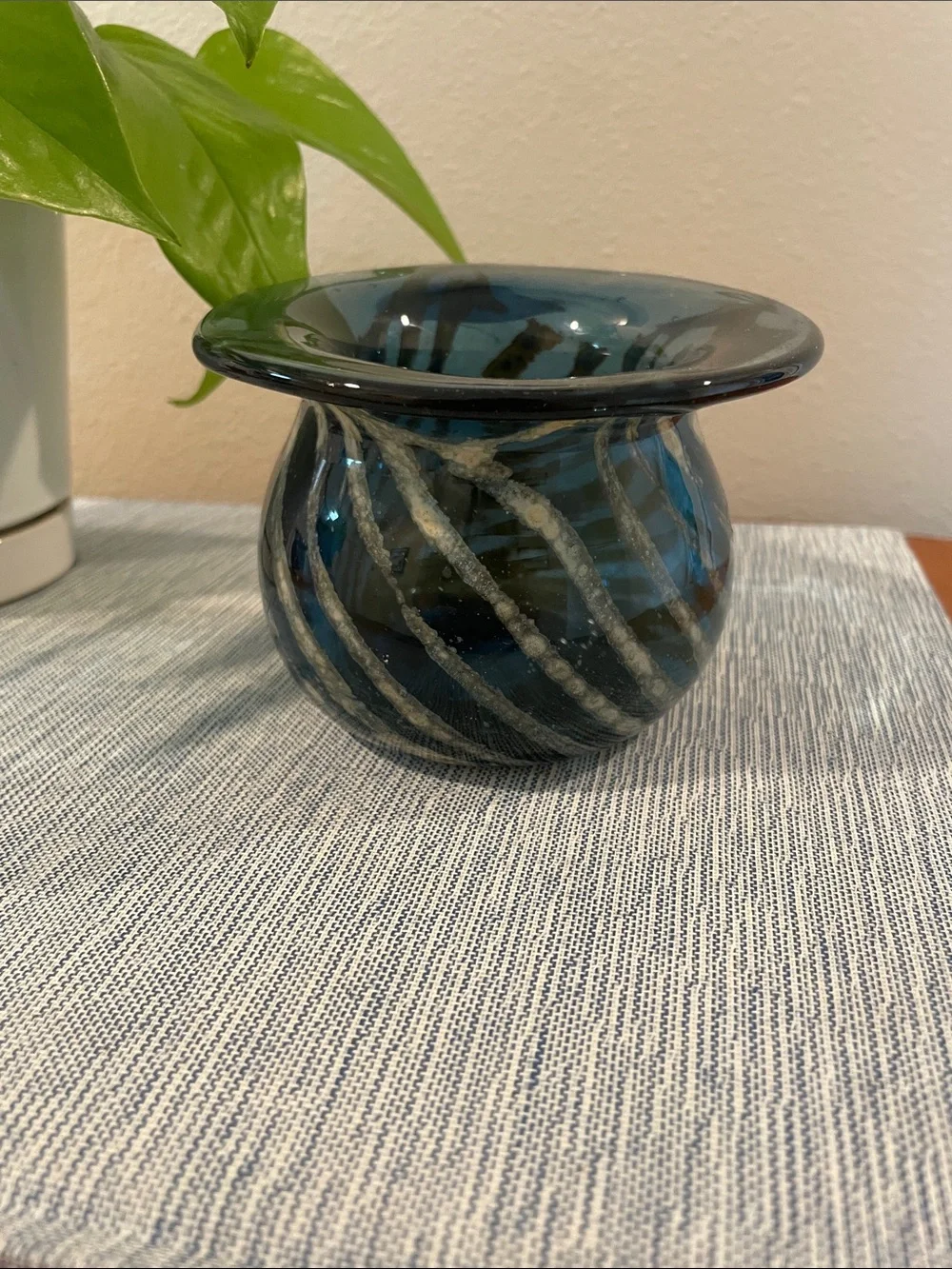 Vintage Mdina-Style Art Glass Vase | Blue & Sand Chevron Swirl | Malta-Inspired